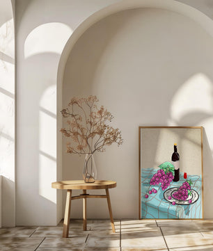 Still Life with Grapes and Wine Bottle on a Checkered Tablecloth - Mi tienda