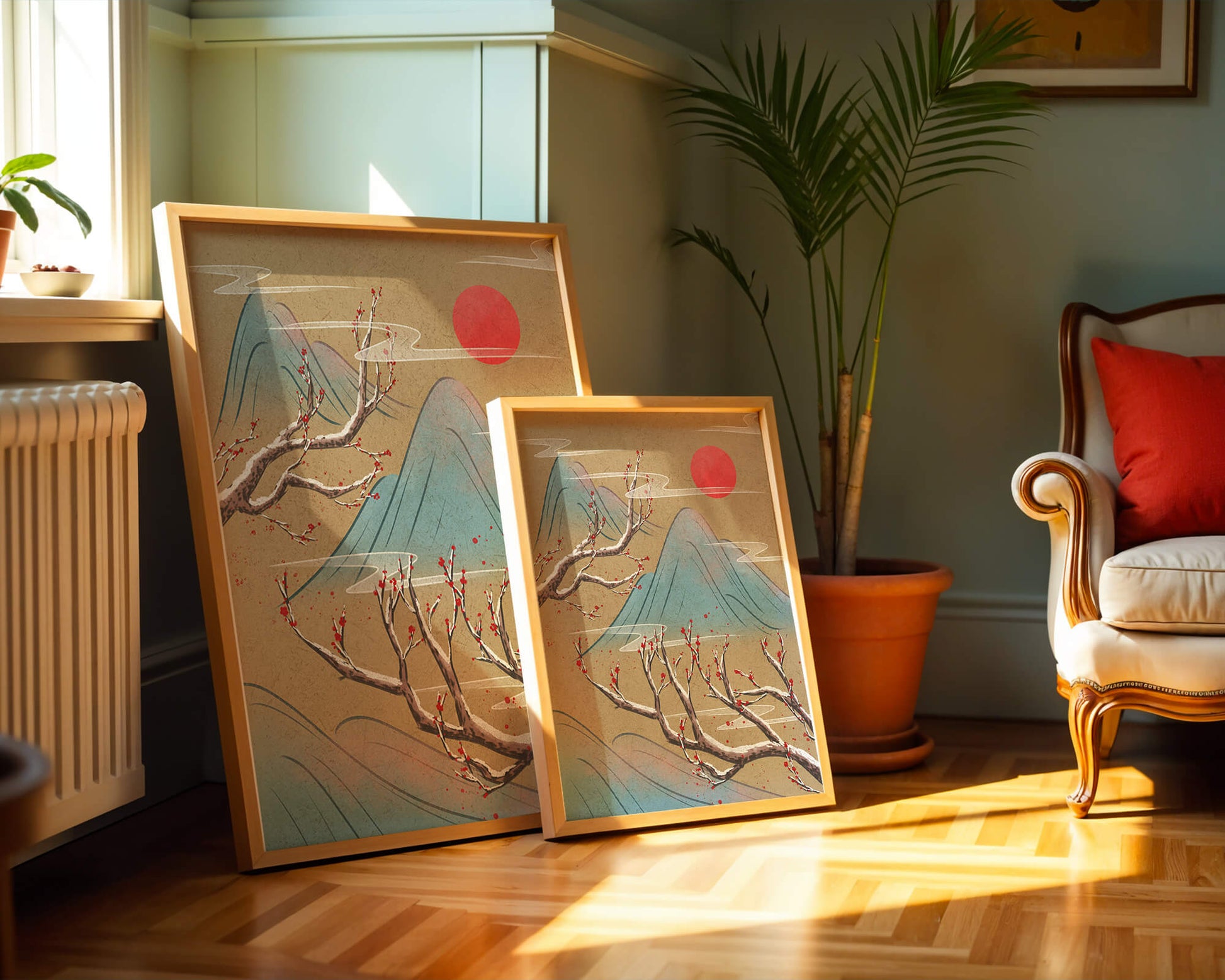 Tranquil landscape with cherry blossom and red sun