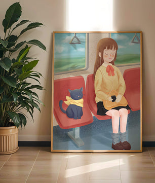 Viaje en tren tranquilo con una chica y su gato ilustrado
