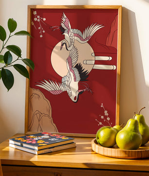 Elegant Asian-inspired artwork featuring flying cranes and cherry blossoms