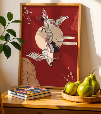 Elegant Asian-inspired artwork featuring flying cranes and cherry blossoms