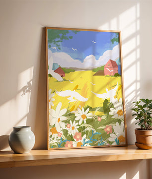 Summer Landscape with Birds and Flowers in a Pastoral Setting