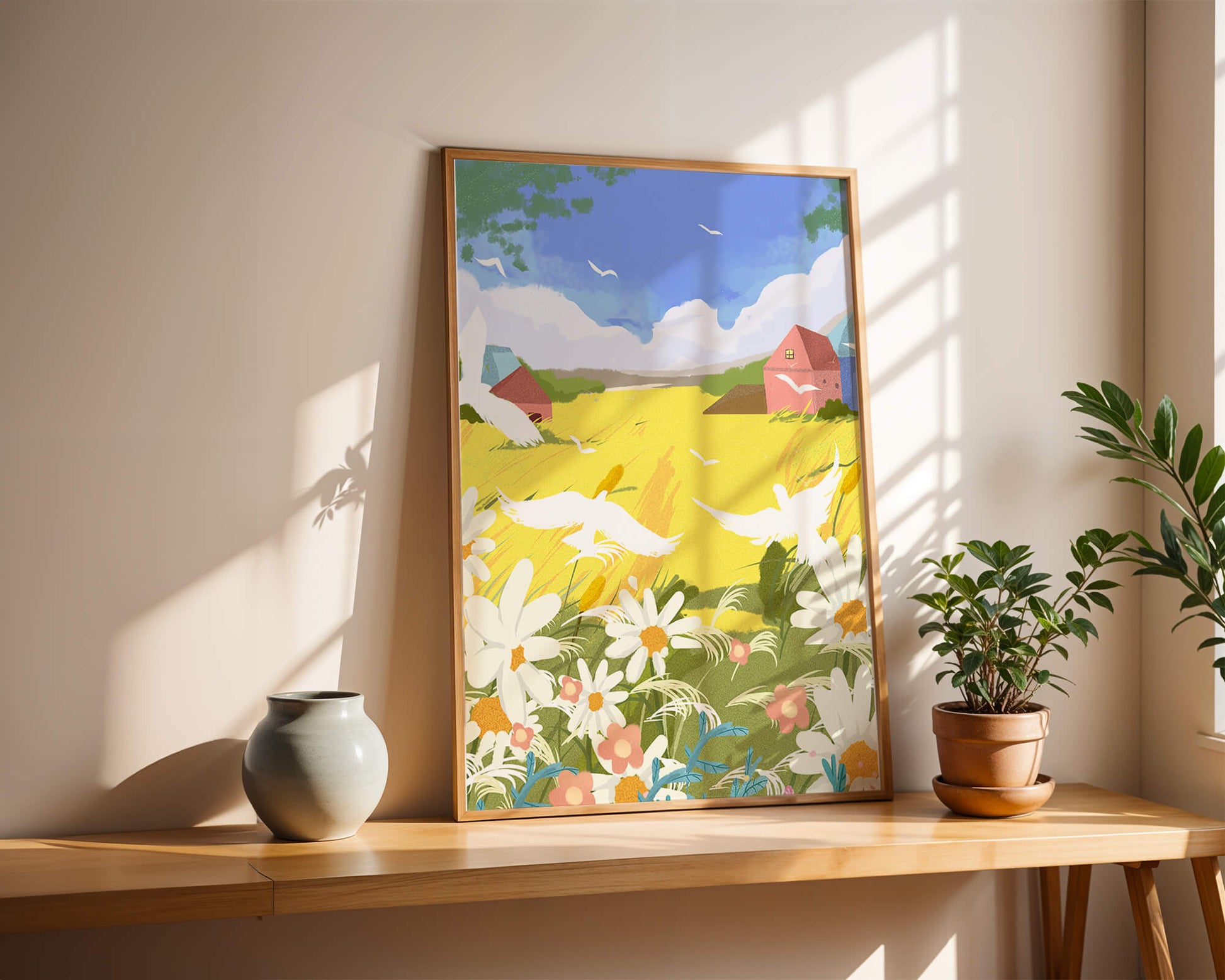 Summer Landscape with Birds and Flowers in a Pastoral Setting