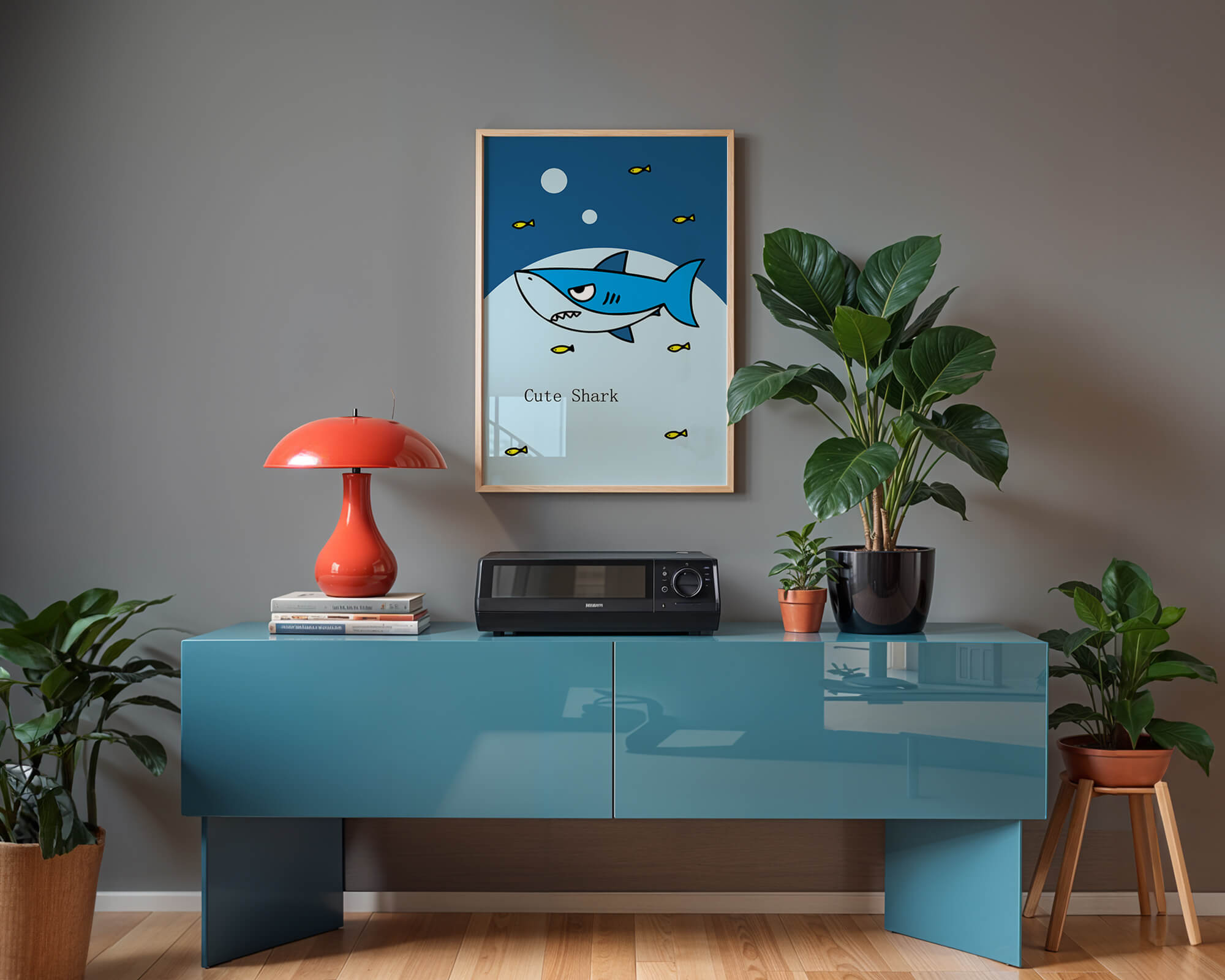 Cartoon shark with small fish in underwater scene