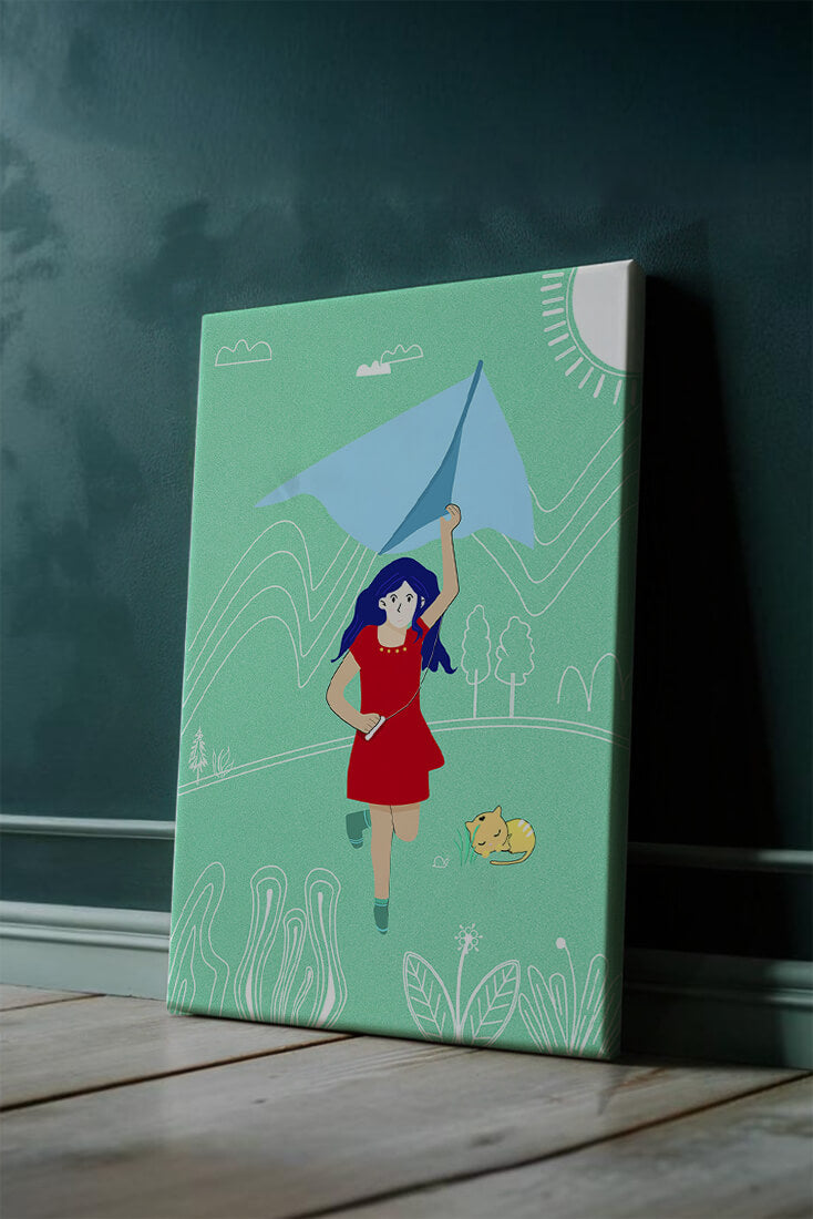 Illustration of a girl with a kite in a whimsical landscape