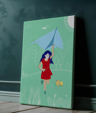Illustration d'une fille avec un cerf-volant dans un paysage fantaisiste