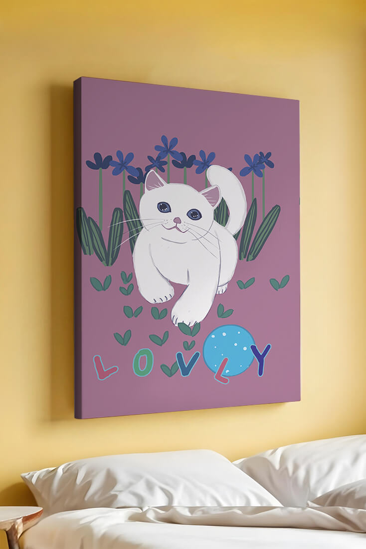 Charming illustration of a white cat in a floral field with playful text