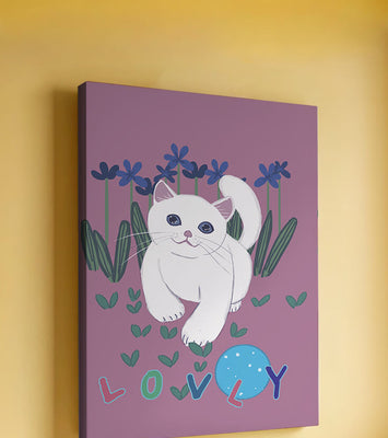 Charming illustration of a white cat in a floral field with playful text
