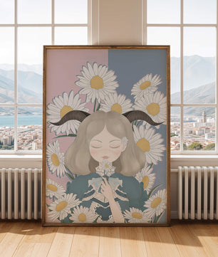 Ilustración de una niña con margaritas y cuernos sobre un fondo pastel