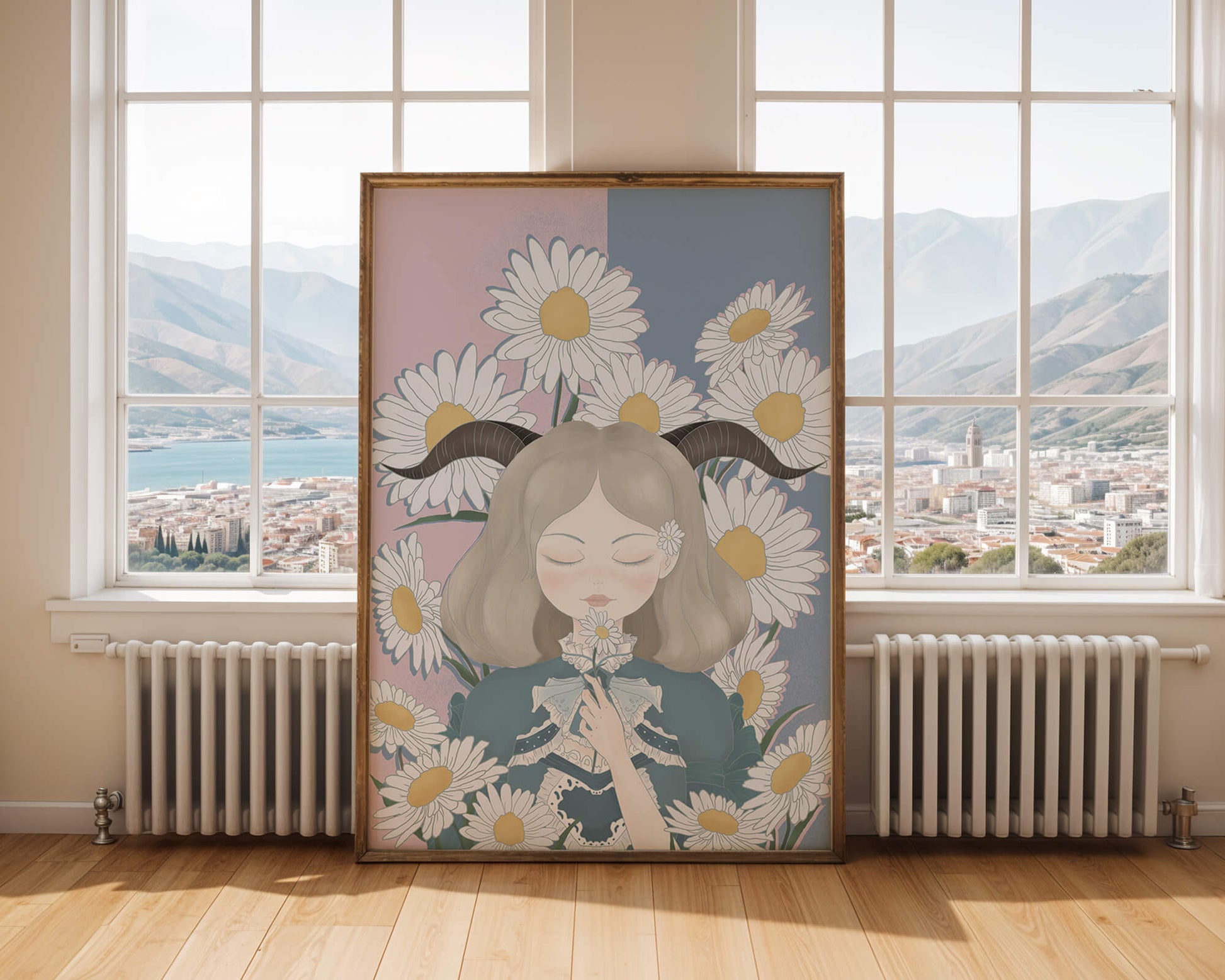 Illustration of girl with daisies and horns on a pastel background