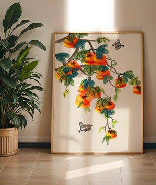 Branch with vibrant persimmons and birds illustration