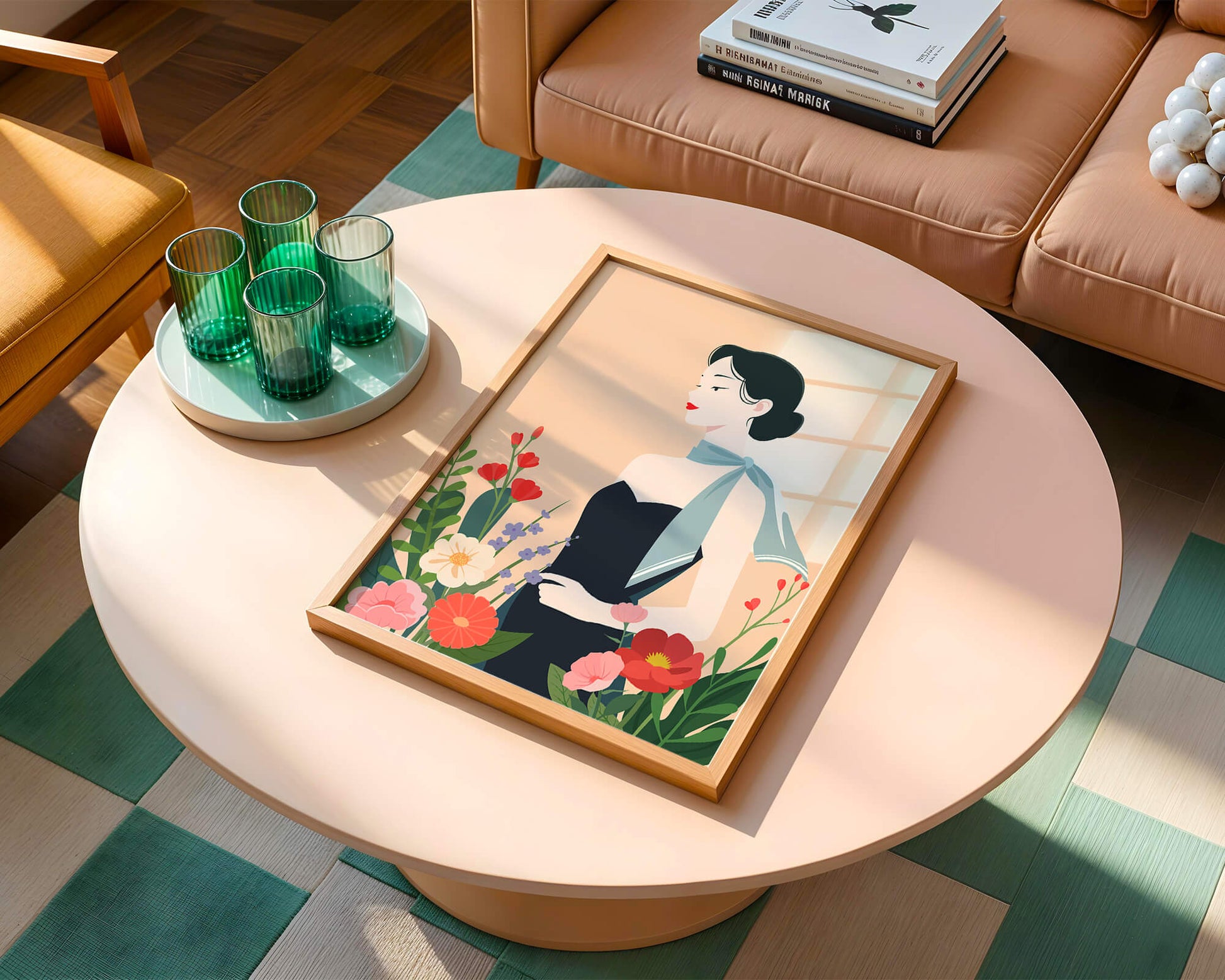 Mujer elegante con fondo floral y bufanda