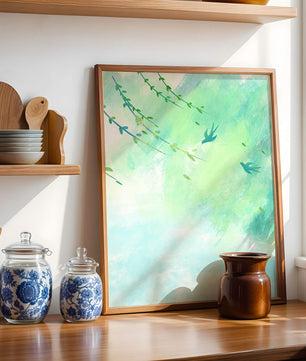 Serene Spring Scene with Birds and Leaves on a Light Blue Background