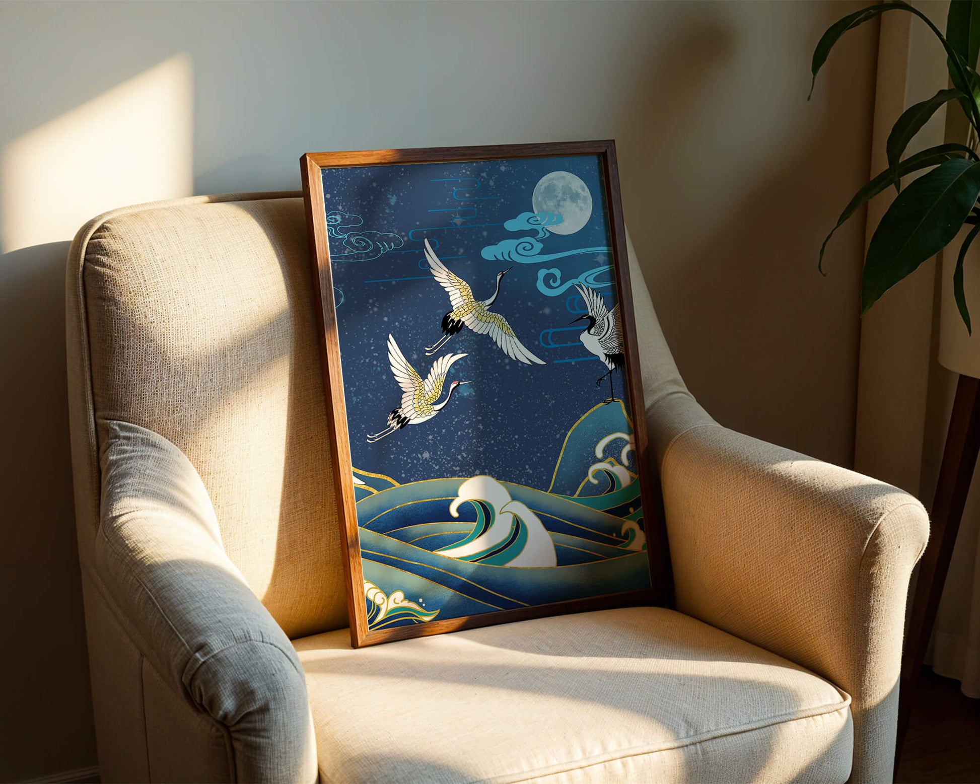 A Serene Night Scene with Cranes and Waves in Traditional Japanese Art Style