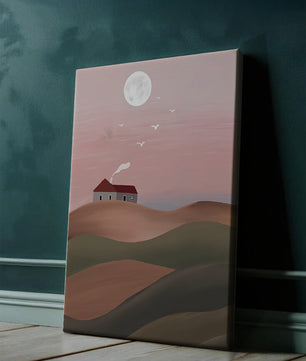 House On Pink Hill Under Full Moon