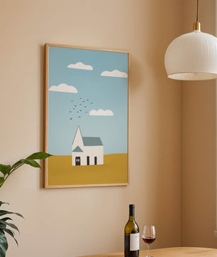 Paisaje minimalista con una casa blanca y cielo