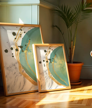 Elegant abstract design with gold accents and teal hues