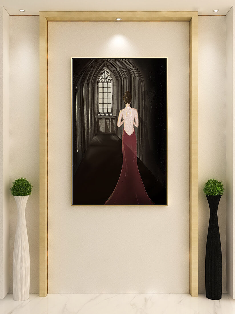 Elegant woman in a red dress inside a gothic hallway