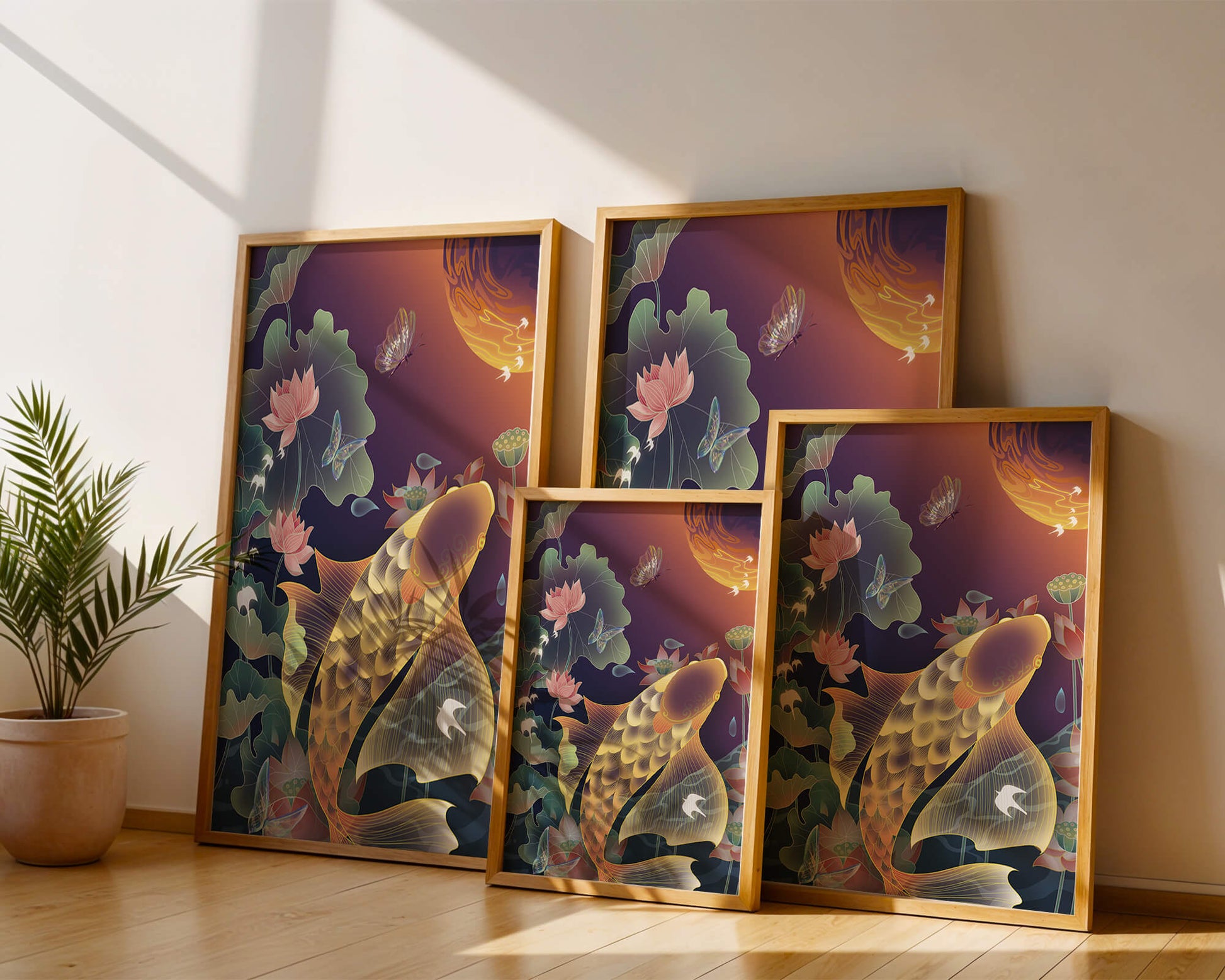 Bunte Koi-Fische mit Lotusblumen und Schmetterlingen bei Sonnenuntergang
