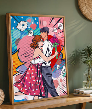 Pareja abrazándose en estilo pop art con un fondo colorido