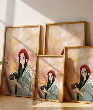 Chica de anime con boina roja sosteniendo una cámara durante el otoño