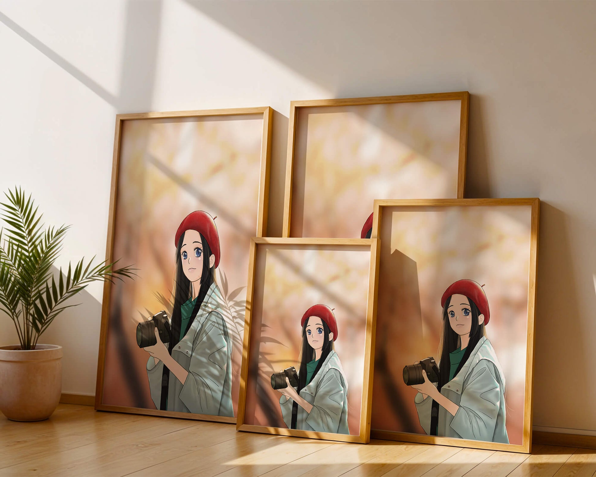 Anime girl in red beret holding camera during autumn