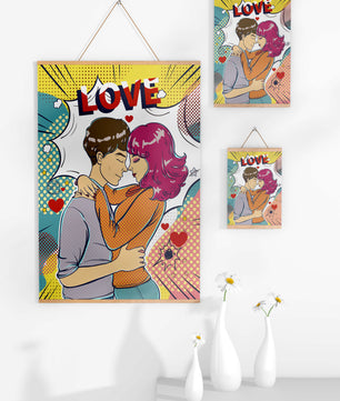 Ilustración de pop art romántico con pareja abrazándose y texto de amor