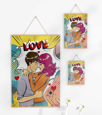 Romantic Pop Art Illustration with Embracing Couple and Love Text