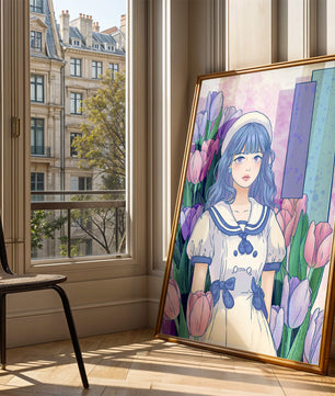 Illustration d'une fille en robe de marin parmi des tulipes avec une palette de couleurs pastel
