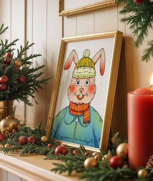 Whimsical cartoon bunny in winter attire with a striped scarf and beanie hat