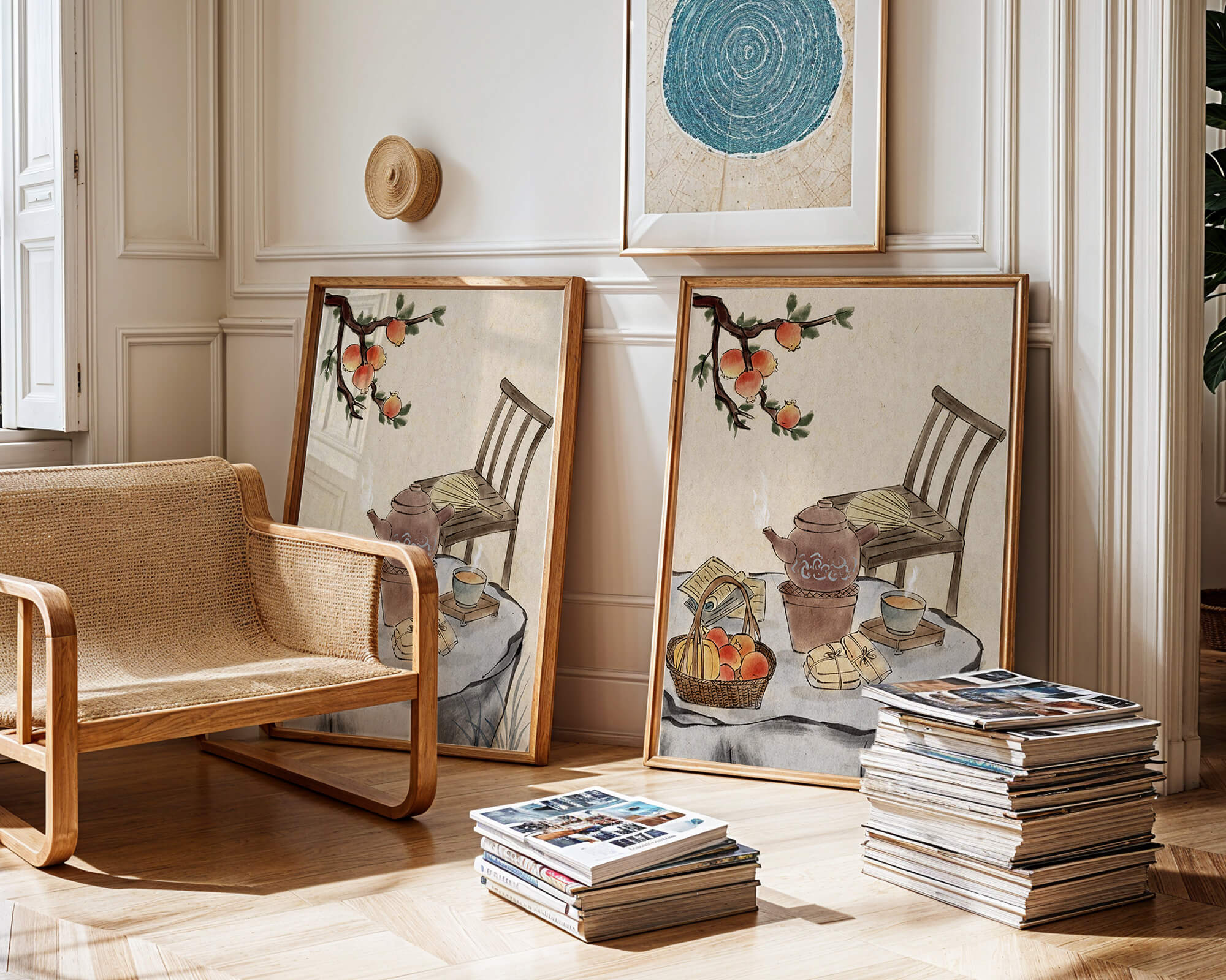 Watercolor painting of tea time setting with fruits and wooden chair