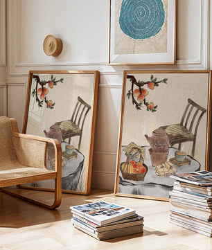 Peinture à l’aquarelle d’un moment de dégustation de thé avec des fruits et une chaise en bois