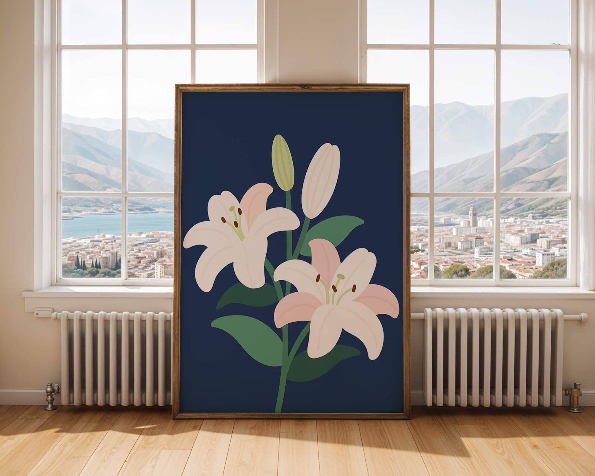 Lirios elegantes sobre un fondo azul oscuro