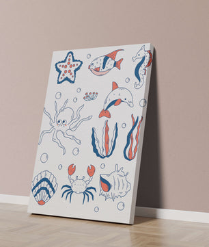 Colorful marine life illustration featuring sea creatures on a dark background