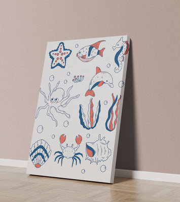 Colorful marine life illustration featuring sea creatures on a dark background