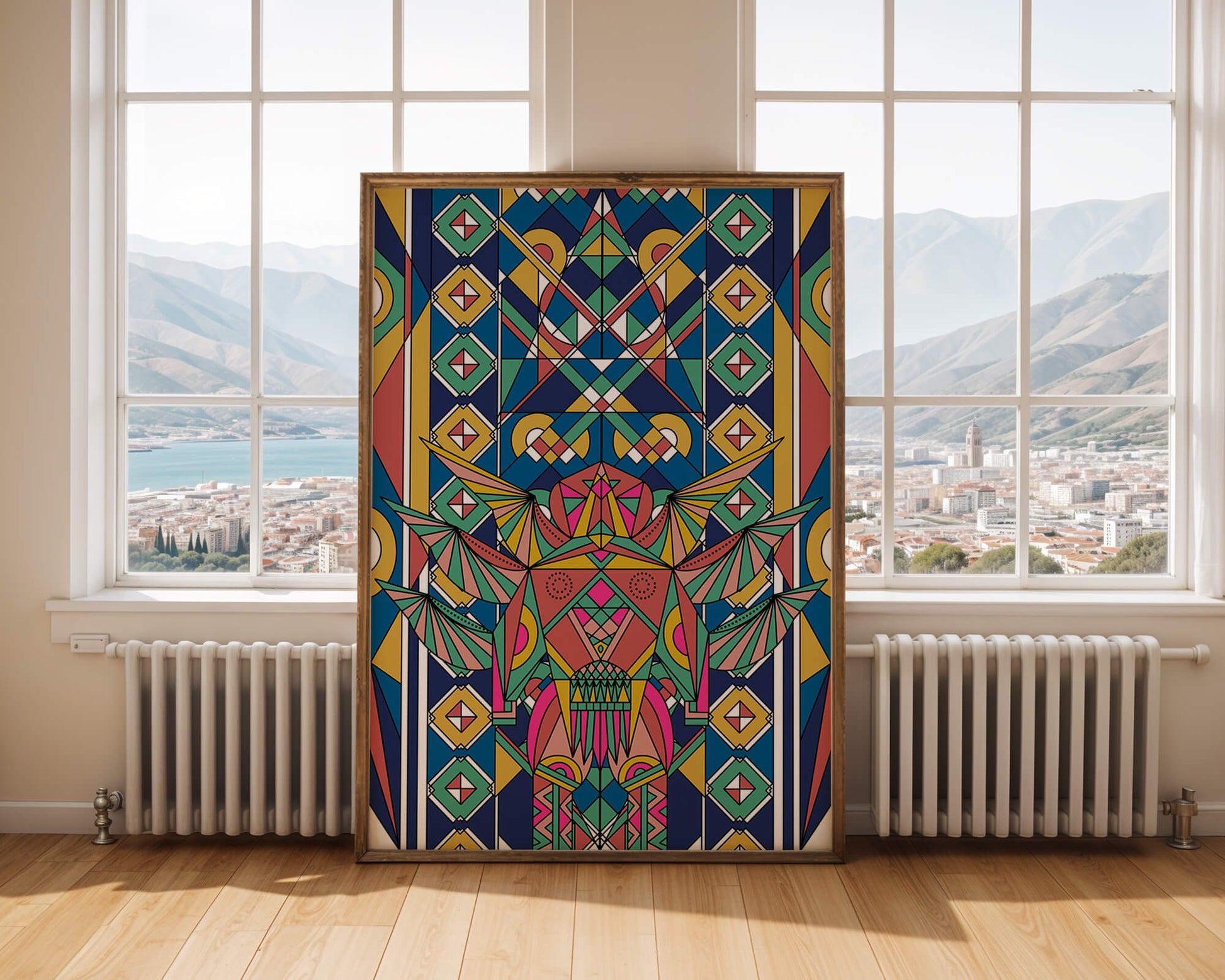 Arte abstracto geométrico colorido con patrones simétricos