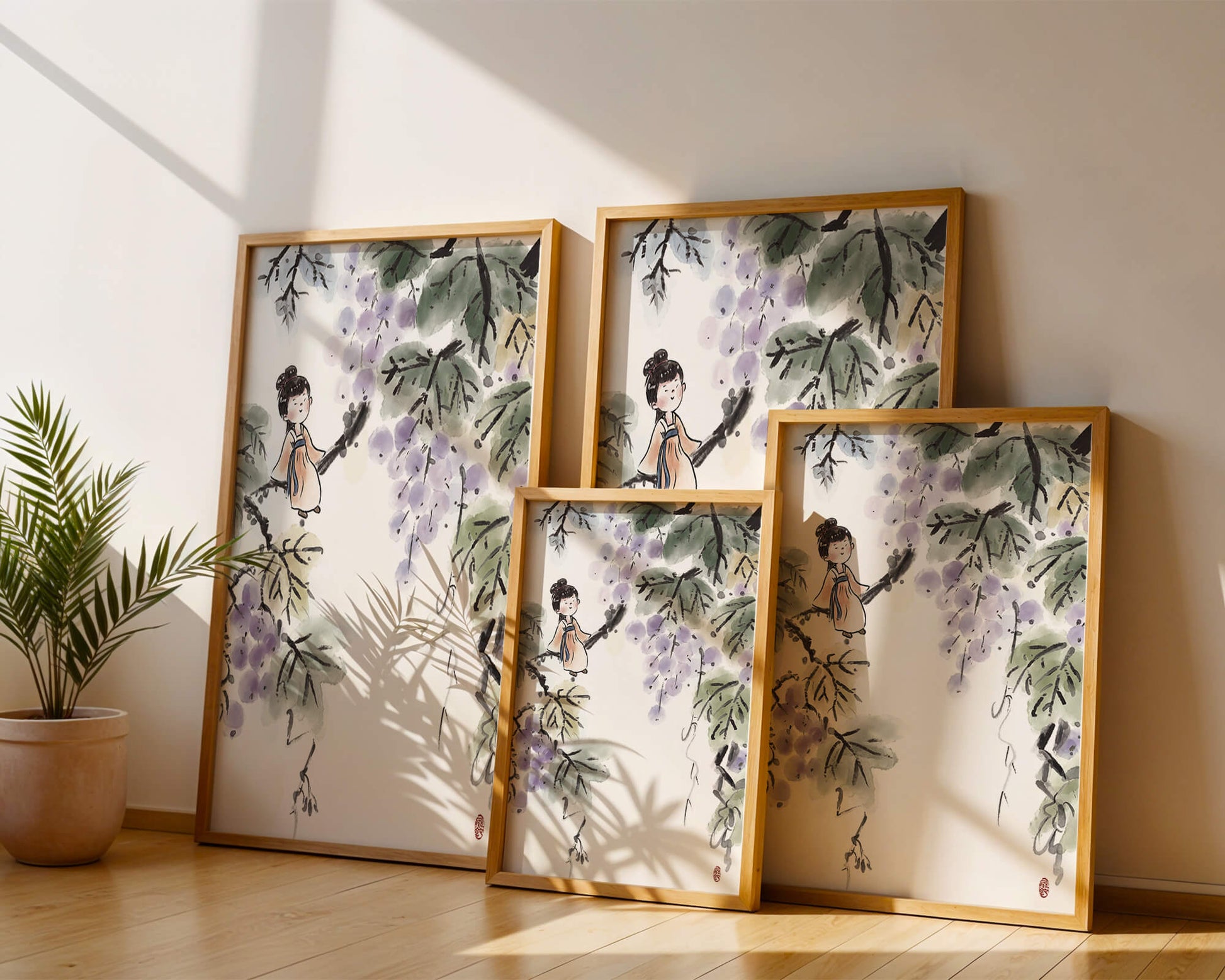 Una chica caprichosa sentada en una rama con bayas moradas y hojas verdes en estilo acuarela