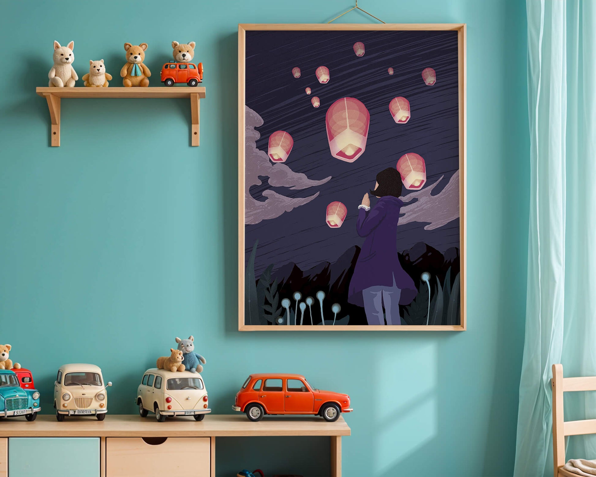 Girl Watching Pink Lanterns Soaring into the Night Sky