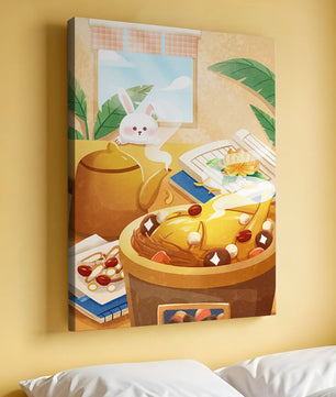 Cozy kitchen scene with cute bunny, teapot, and golden dessert