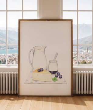 Illustration of dairy products with blueberries on polka dot cloth