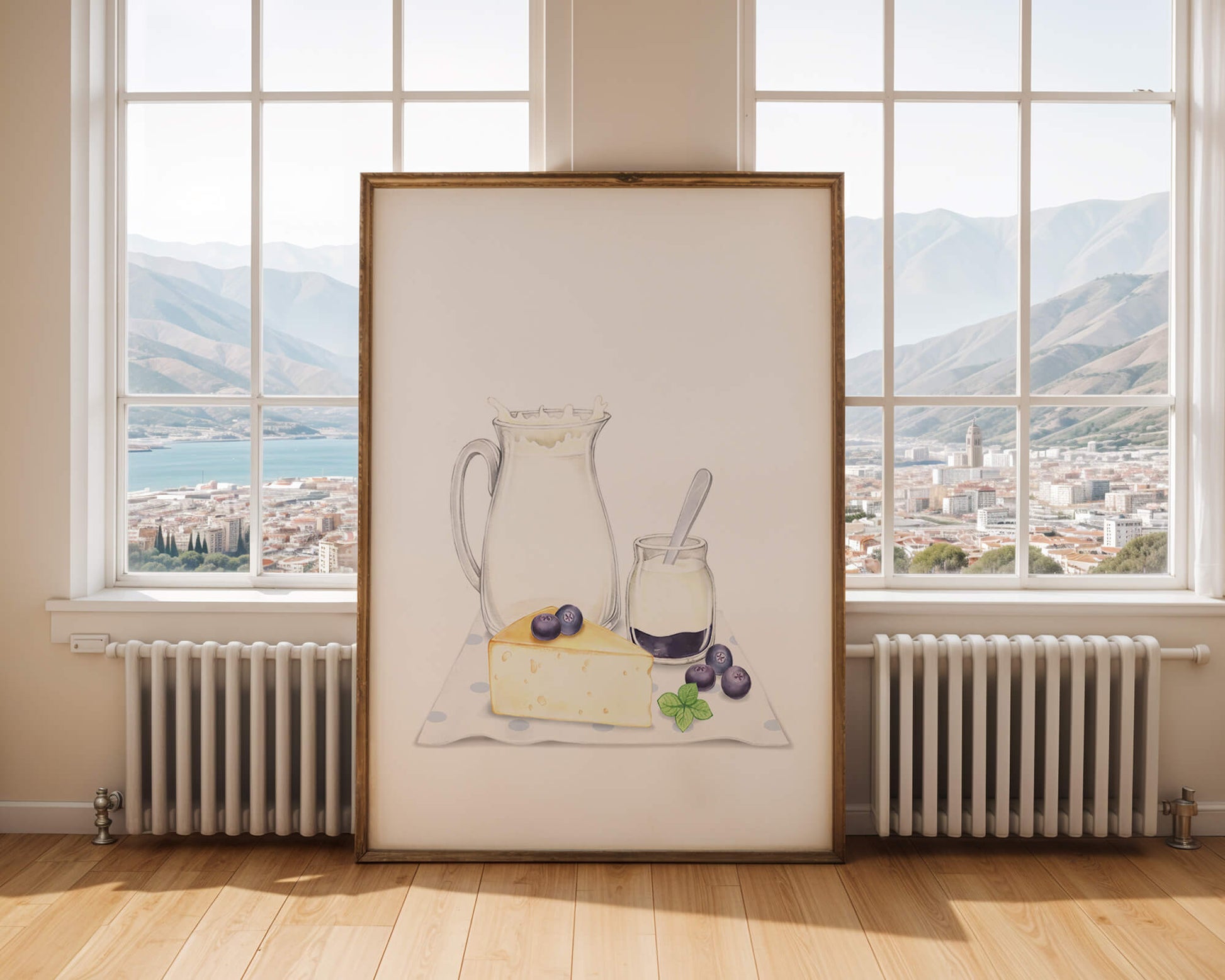 Ilustración de productos lácteos con arándanos sobre tela de lunares.