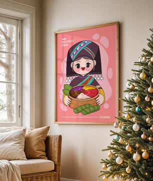 Personnage de dessin animé charmant en tenue traditionnelle tenant un panier de nourriture coloré