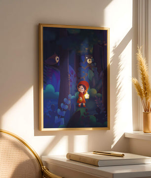 Little Girl in Red Hood Exploring Enchanted Forest at Night with Owl and Bear