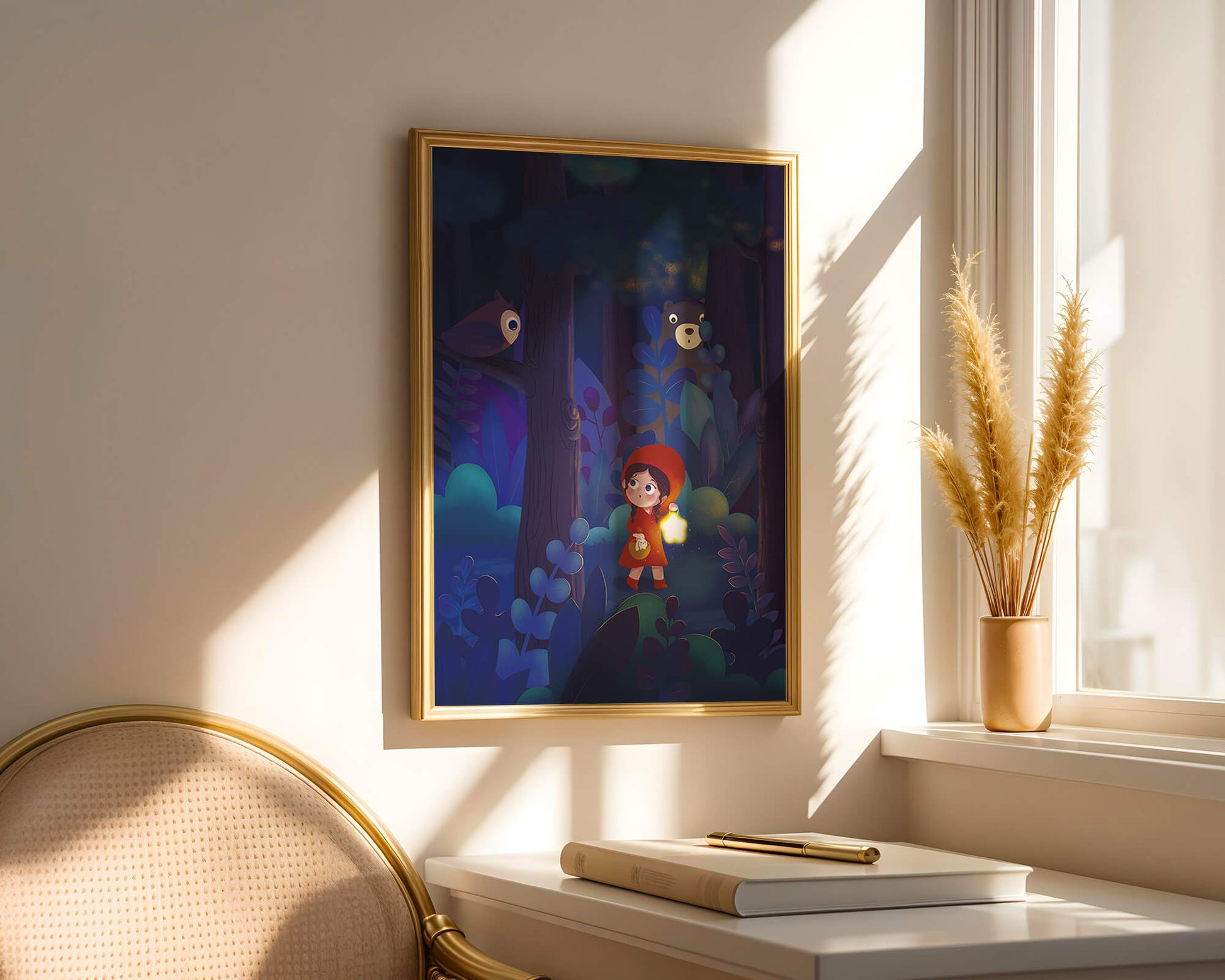Little Girl in Red Hood Exploring Enchanted Forest at Night with Owl and Bear