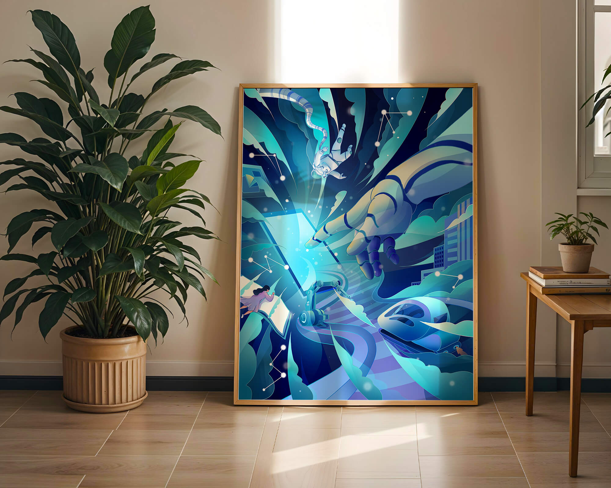 Futuristic digital artwork featuring astronaut and robotic hand in vibrant blue tones