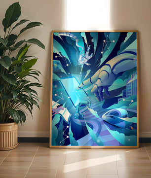 Futuristische digitale Kunst mit Astronaut und Roboterhand in lebhaften Blautönen