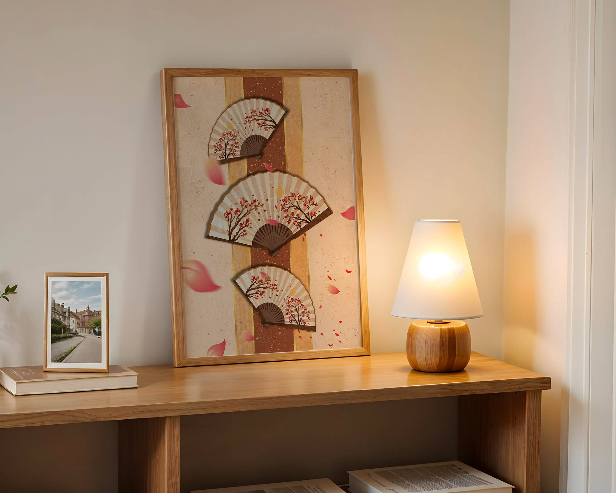 Elegant Japanese Fans with Cherry Blossom Design on Textured Background - Mi tienda