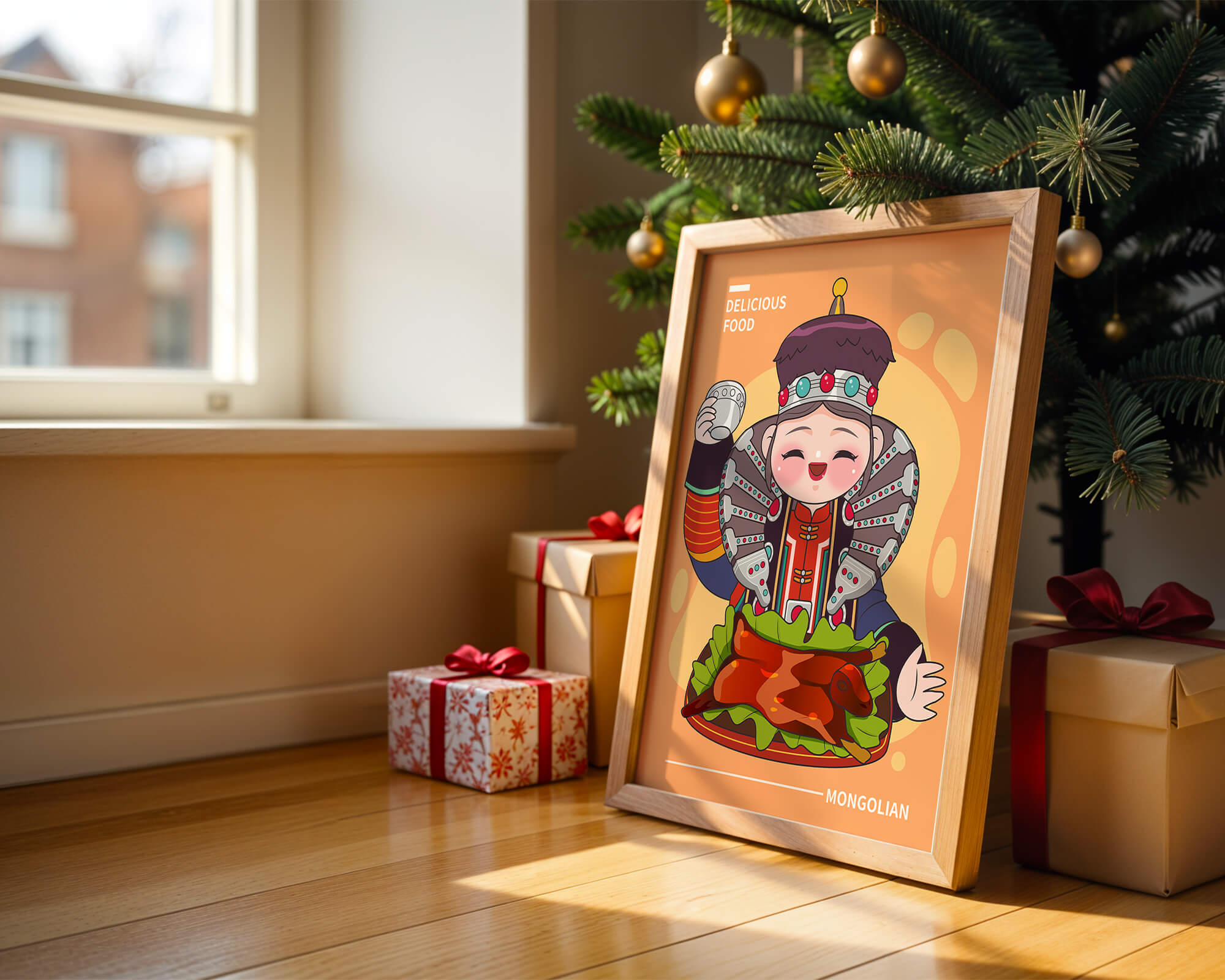 Cartoon character in traditional Mongolian attire with food