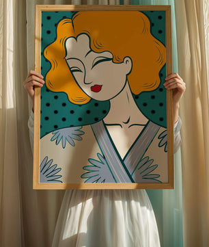 Retrato estilizado de una mujer con cabello naranja y kimono floral