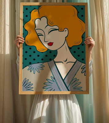 Stylized portrait of a woman with orange hair and floral kimono